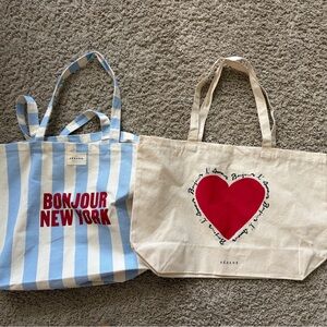 Sezane Striped Blue and White Tote with Red Heart